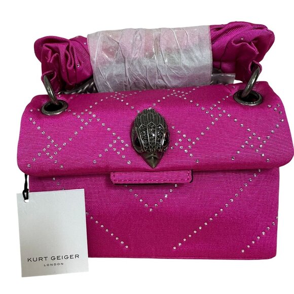 Kurt Geiger Pink Crystal MINI KENSINGTON Moire Crossbody Bag Chain Fuschia NEW - Picture 1 of 9